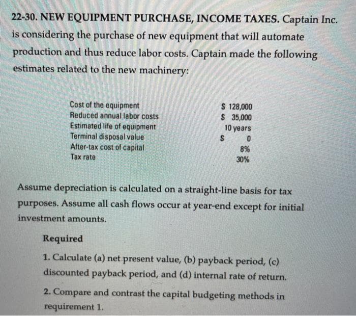 22-30. NEW EQUIPMENT PURCHASE, INCOME TAXES. Captain Inc.
is considering the purchase of new equipment that will automate
production and thus reduce labor costs. Captain made the following
estimates related to the new machinery:
Cost of the equipment
Reduced annual labor costs
Estimated life of equipment
Terminal disposal value
After-tax cost of capital
Tax rate
$ 128,000
$ 35,000
10 years
0
8%
30%
S
Assume depreciation is calculated on a straight-line basis for tax
purposes. Assume all cash flows occur at year-end except for initial
investment amounts.
Required
1. Calculate (a) net present value, (b) payback period, (c)
discounted payback period, and (d) internal rate of return.
2. Compare and contrast the capital budgeting methods in
requirement 1.