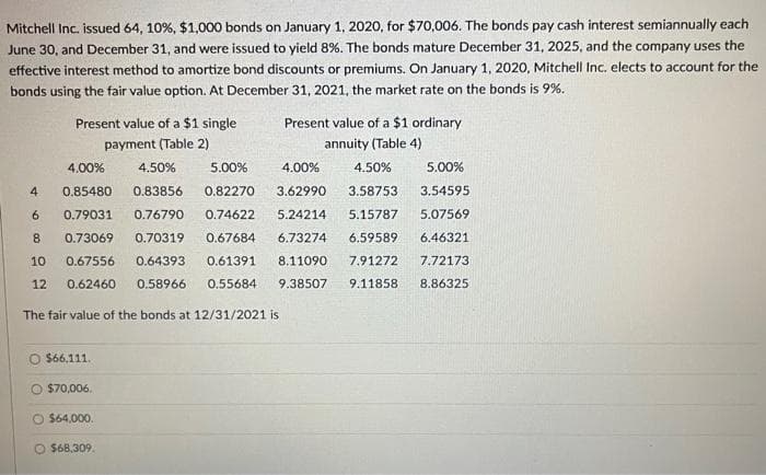 Mitchell Inc. issued 64, 10%, $1,000 bonds on January 1, 2020, for $70,006. The bonds pay cash interest semiannually each
June 30, and December 31, and were issued to yield 8%. The bonds mature December 31, 2025, and the company uses the
effective interest method to amortize bond discounts or premiums. On January 1, 2020, Mitchell Inc. elects to account for the
bonds using the fair value option. At December 31, 2021, the market rate on the bonds is 9%.
Present value of a $1 single
payment (Table 2)
4.00%
4.50%
5.00%
4 0.85480
0.83856 0.82270
6
8
0.79031 0.76790
0.73069 0.70319 0.67684
0.67556
12 0.62460 0.58966
10
The fair value of the bonds at 12/31/2021 is
$66,111.
O $70,006.
$64,000.
$68,309
Present value of a $1 ordinary
annuity (Table 4)
4.00%
4.50%
3.62990 3.58753
0.74622 5.24214 5.15787
6.73274 6.59589
7.91272
0.55684 9.38507 9.11858
0.64393 0.61391 8.11090
5.00%
3.54595
5.07569
6.46321
7.72173
8.86325