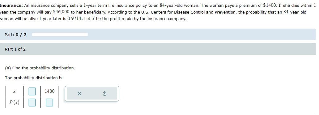 Insurance: An insurance company sells a 1-year term life insurance policy to an 84-year-old woman. The woman pays a premium of $1400. If she dies within 1
year, the company will pay $46,000 to her beneficiary. According to the U.S. Centers for Disease Control and Prevention, the probability that an 84-year-old
woman will be alive 1 year later is 0.9714. Let X be the profit made by the insurance company.
Part: 0 / 2
Part 1 of 2
(a) Find the probability distribution.
The probability distribution is
x
1400
X
P(x)