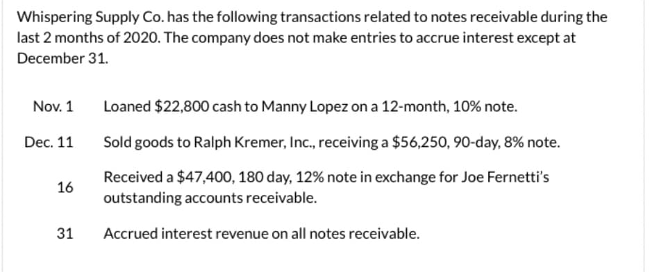 Whispering Supply Co. has the following transactions related to notes receivable during the
last 2 months of 2020. The company does not make entries to accrue interest except at
December 31.
Nov. 1
Loaned $22,800 cash to Manny Lopez on a 12-month, 10% note.
Dec. 11
Sold goods to Ralph Kremer, Inc., receiving a $56,250, 90-day, 8% note.
Received a $47,400, 180 day, 12% note in exchange for Joe Fernetti's
outstanding accounts receivable.
16
31
Accrued interest revenue on all notes receivable.
