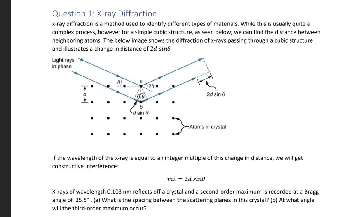 Question 1: X-ray Diffraction
x-ray diffraction is a method used to identify different types of materials. While this is usually quite a
complex process, however for a simple cubic structure, as seen below, we can find the distance between
neighboring atoms. The below image shows the diffraction of x-rays passing through a cubic structure
and illustrates a change in distance of 2d sine
Light rays
in phase
●
a
/I\
100
20.
b
d sin 8
2d sin 0
Atoms in crystal
If the wavelength of the x-ray is equal to an integer multiple of this change in distance, we will get
constructive interference:
mλ = 2d sine
X-rays of wavelength 0.103 nm reflects off a crystal and a second-order maximum is recorded at a Bragg
angle of 25.5°. (a) What is the spacing between the scattering planes in this crystal? (b) At what angle
will the third-order maximum occur?