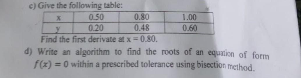 c) Give the following table:
0.50
0.20
0.80
0.48
1.00
0.60
y
Find the first derivate at x = 0.80.
d) Write an algorithm to find the roots of an equation of form
f(x)=0 within a prescribed tolerance using bisection method.