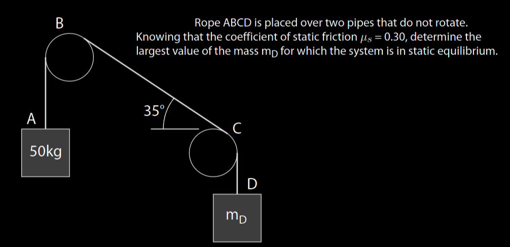 A
B
50kg
Rope ABCD is placed over two pipes that do not rotate.
Knowing that the coefficient of static frictions = 0.30, determine the
largest value of the mass mp for which the system is in static equilibrium.
35%
с
то