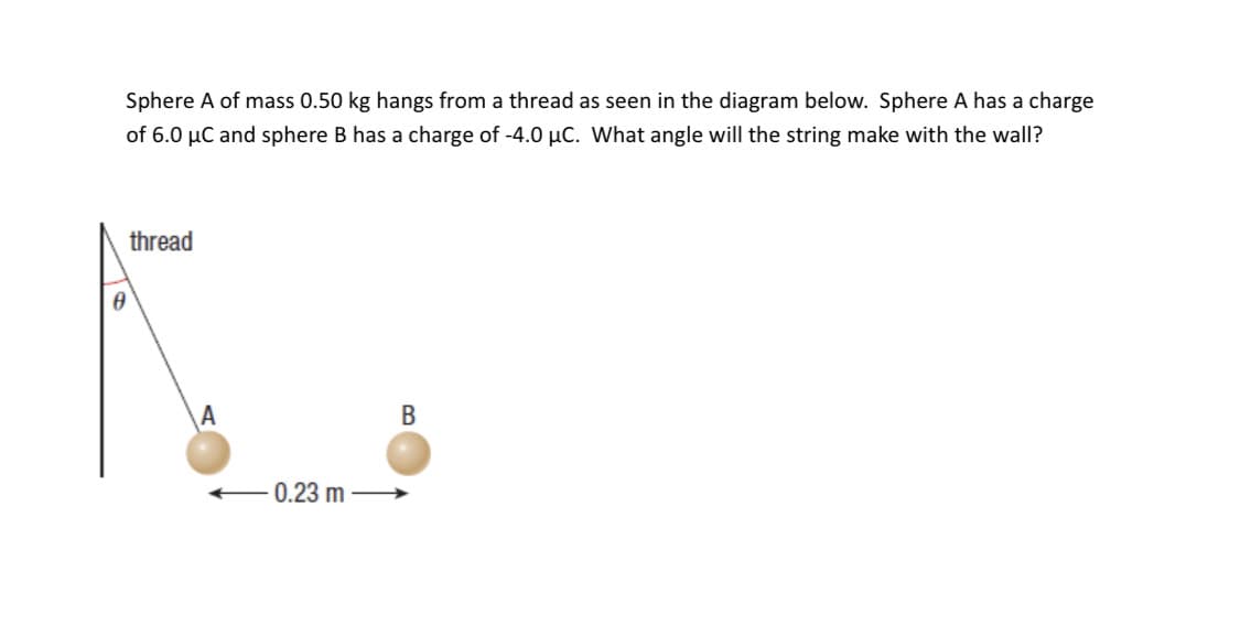 Sphere A of mass 0.50 kg hangs from a thread as seen in the diagram below. Sphere A has a charge
of 6.0 μC and sphere B has a charge of -4.0 μC. What angle will the string make with the wall?
thread
0
K
0.23 m
B