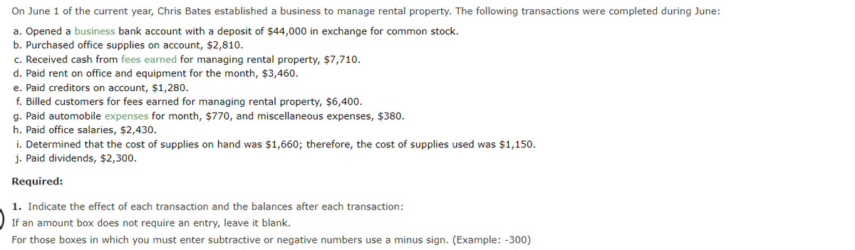 On June 1 of the current year, Chris Bates established a business to manage rental property. The following transactions were completed during June:
a. Opened a business bank account with a deposit of $44,000 in exchange for common stock.
b. Purchased office supplies on account, $2,810.
c. Received cash from fees earned for managing rental property, $7,710.
d. Paid rent on office and equipment for the month, $3,460.
e. Paid creditors on account, $1,280.
f. Billed customers for fees earned for managing rental property, $6,400.
g. Paid automobile expenses for month, $770, and miscellaneous expenses, $380.
h. Paid office salaries, $2,430.
i. Determined that the cost of supplies on hand was $1,660; therefore, the cost of supplies used was $1,150.
j. Paid dividends, $2,300.
Required:
1. Indicate the effect of each transaction and the balances after each transaction:
If an amount box does not require an entry, leave it blank.
For those boxes in which you must enter subtractive or negative numbers use a minus sign. (Example: -300)