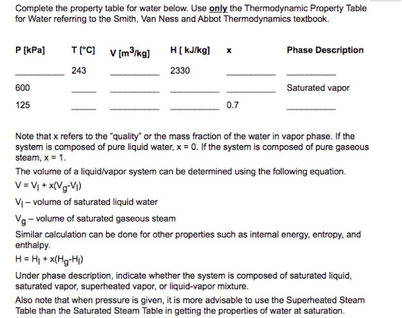 Complete the property table for water below. Use only the Thermodynamic Property Table
for Water referring to the Smith, Van Ness and Abbot Thermodynamics textbook.
P (kPa]
T(°C] V [m3/kg]
H[ KJ/kg]
Phase Description
243
2330
600
Saturated vapor
125
0.7
Note that x refers to the "quality" or the mass fraction of the water in vapor phase. If the
system is composed of pure liquid water, x = 0. If the system is composed of pure gaseous
steam, x = 1.
The volume of a liquid/vapor system can be determined using the following equation.
V = V + x(Vg-Vi)
V - volume of saturated liquid water
Vg - volume of saturated gaseous steam
Similar calculation can be done for other properties such as internal energy, entropy, and
enthalpy.
H = HỊ + x(Hg-H)
Under phase description, indicate whether the system is composed of saturated liquid,
saturated vapor, superheated vapor, or liquid-vapor mixture.
Also note that when pressure is given, it is more advisable to use the Superheated Steam
Table than the Saturated Steam Table in getting the properties of water at saturation.

