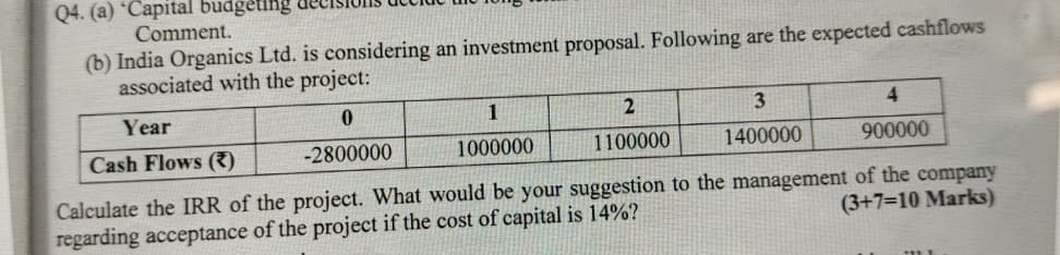 Q4. (a) 'Capital budgeting
Comment.
(b) India Organics Ltd. is considering an investment proposal. Following are the expected cashflows
associated with the project:
Year
Cash Flows (2)
0
-2800000
1
2
1000000
1100000
3
4
1400000
900000
Calculate the IRR of the project. What would be your suggestion to the management of the company
regarding acceptance of the project if the cost of capital is 14%?
(3+7=10 Marks)