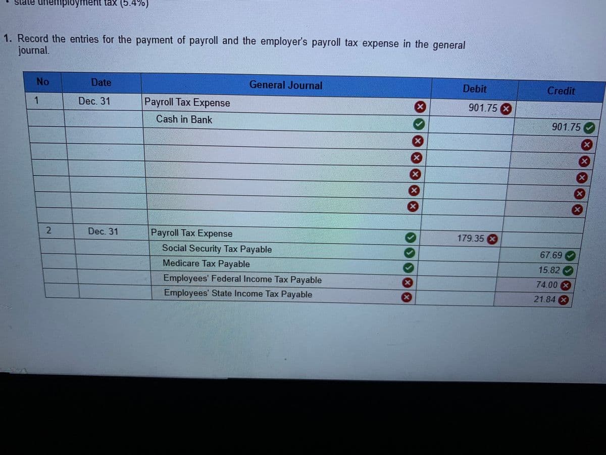 state unemployment tax (5.4%)
1. Record the entries for the payment of payroll and the employer's payroll tax expense in the general
journal
No
Date
General Journal
Debit
Credit
1
Dec. 31
Payroll Tax Expense
901.75 X
Cash in Bank
901.75
Dec. 31
Payroll Tax Expense
179.35 X
Social Security Tax Payable
67.69
Medicare Tax Payable
15.82
Employees' Federal Income Tax Payable
74.00 X
Employees' State Income Tax Payable
21.84 X
2.
