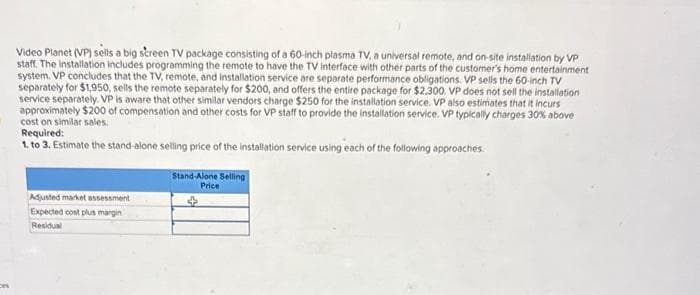 Video Planet (VP) sells a big screen TV package consisting of a 60-inch plasma TV, a universal remote, and on-site installation by VP
staff. The installation includes programming the remote to have the TV interface with other parts of the customer's home entertainment
system. VP concludes that the TV, remote, and installation service are separate performance obligations. VP sells the 60-inch TV
separately for $1,950, sells the remote separately for $200, and offers the entire package for $2,300. VP does not sell the installation
service separately. VP is aware that other similar vendors charge $250 for the installation service. VP also estimates that it incurs
approximately $200 of compensation and other costs for VP staff to provide the installation service. VP typically charges 30% above
cost on similar sales.
Required:
1. to 3. Estimate the stand-alone selling price of the installation service using each of the following approaches.
Adjusted market assessment
Expected cost plus margin
Residual
Stand-Alone Selling
Price
$