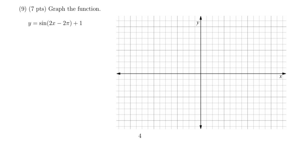 (9) (7 pts) Graph the function.
у %3 sin(2ar - 2пт) + 1
y
4
