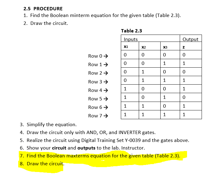 2.5 PROCEDURE
1. Find the Boolean minterm equation for the given table (Table 2.3).
2. Draw the circuit.
Table 2.3
Inputs
Output
X1
X2
X3
Row 0>
Row 1-
1
1
Row 2 →
1
1
Row 3→
1
1
Row 4 →
1
1
Row 5→
Row 6>
1
1
1
Row 7→
1
1
1
3. Simplify the equation.
4. Draw the circuit only with AND, OR, and INVERTER gates.
5. Realize the circuit using Digital Training Set Y-0039 and the gates above.
6. Show your circuit and outputs to the lab. Instructor.
7. Find the Boolean maxterms equation for the given table (Table 2.3).
8. Draw the circuit.
