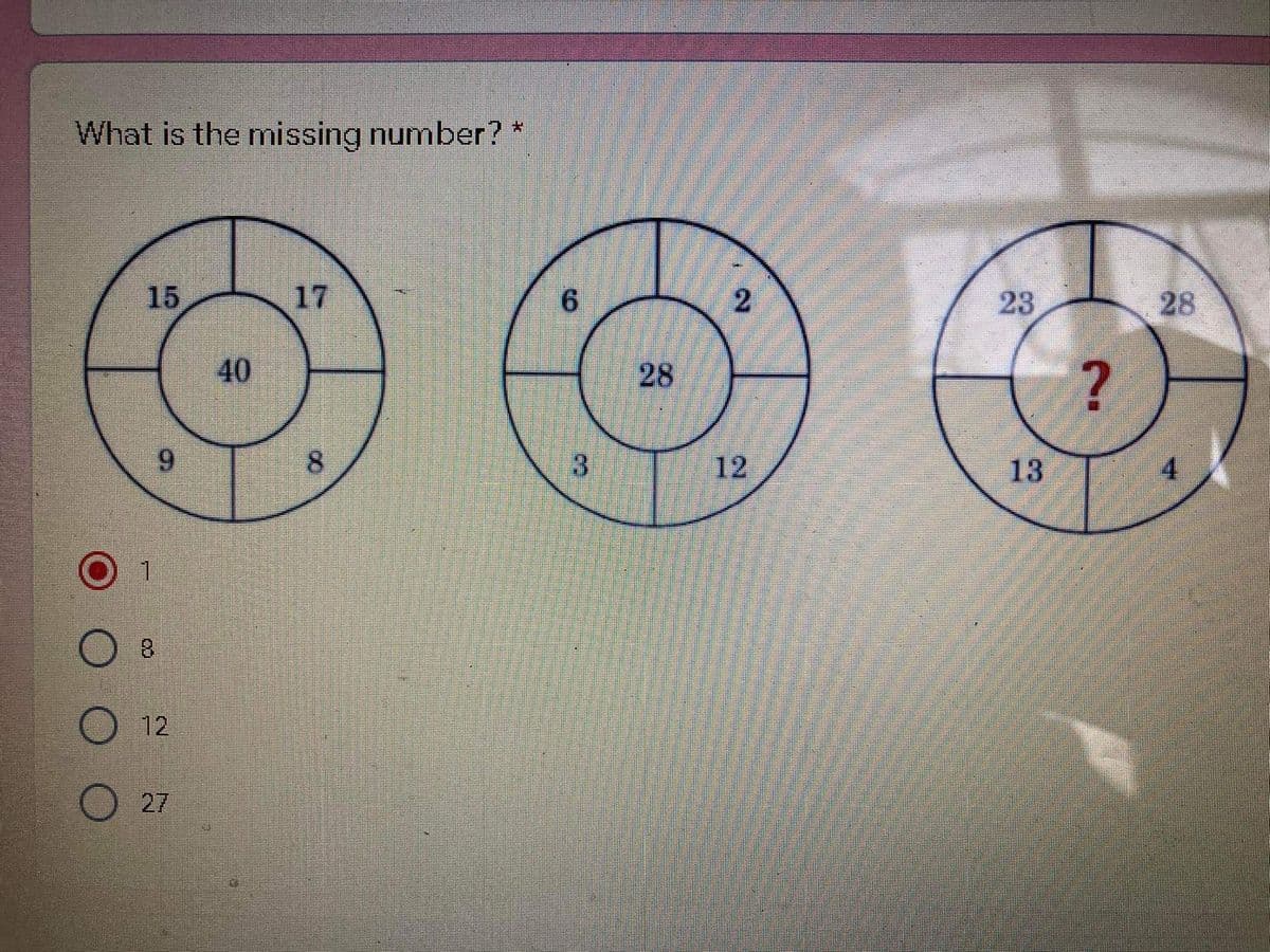 What is the missing number?*
15
17
23
28
40
28
6.
8.
3.
12
13
8.
O 12
O 27
2.
