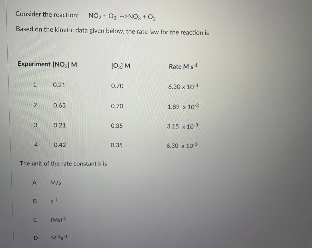 Consider the reaction:
NO2 + O3 -->NO3 + O2
Based on the kinetic data given below, the rate law for the reaction is
Experiment [NO2] M
[03] M
Rate Ms 1
1
0.21
0.70
6.30 x 10-3
0.63
0.70
1.89 x 10 2
3
0.21
0.35
3.15 x 10 3
4
0.42
0.35
6.30 x 10-3
The unit of the rate constant k is
A
M/s
s1
(Ms)-1
M25-1

