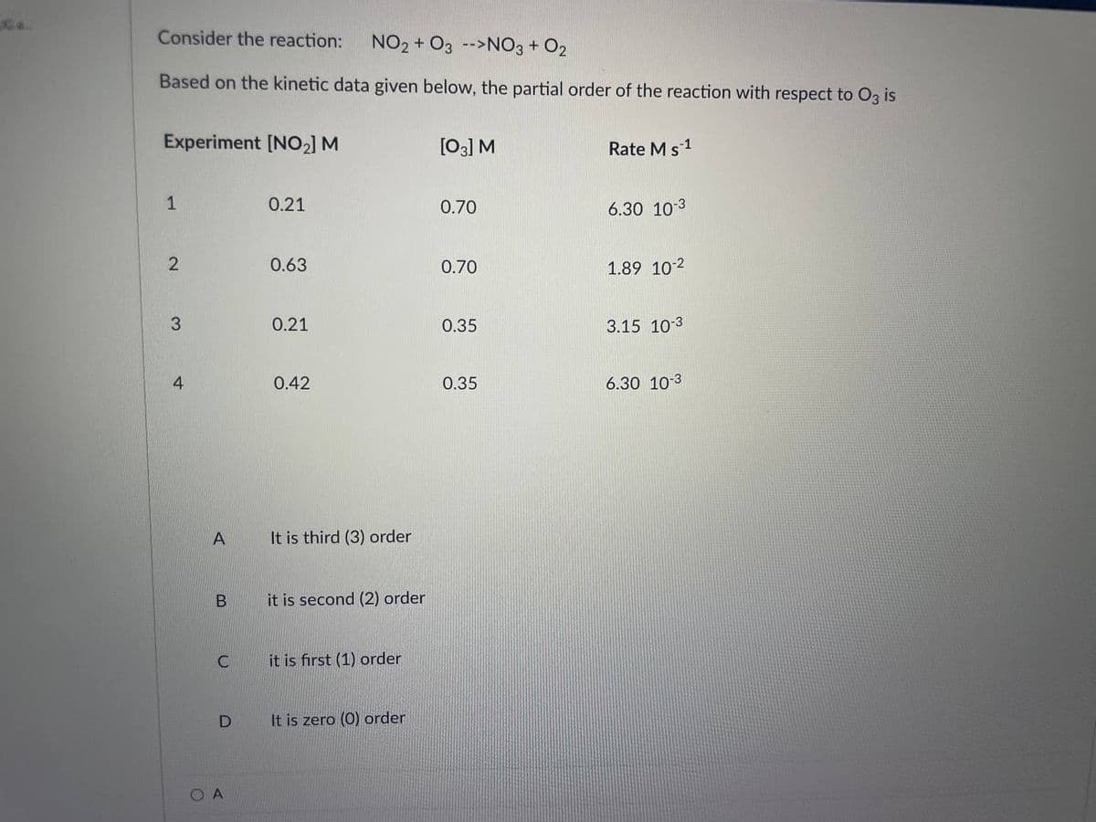 Consider the reaction:
NO2 + O3 -->NO3 + O2
Based on the kinetic data given below, the partial order of the reaction with respect to Og is
Experiment [NO2] M
[03] M
Rate Ms1
1
0.21
0.70
6.30 10-3
0.63
0.70
1.89 10-2
3.
0.21
0.35
3.15 10-3
0.42
0.35
6.30 10 3
A
It is third (3) order
it is second (2) order
it is first (1) order
It is zero (0) order
A
