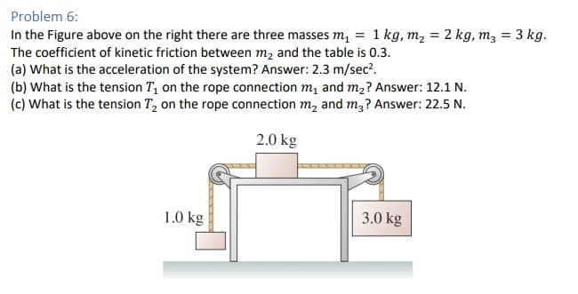 Problem 6:
In the Figure above on the right there are three masses m₁ = 1 kg, m₂ = 2 kg, m3 = 3 kg.
The coefficient of kinetic friction between m₂ and the table is 0.3.
(a) What is the acceleration of the system? Answer: 2.3 m/sec².
(b) What is the tension T₁ on the rope connection m₁ and m₂? Answer: 12.1 N.
(c) What is the tension T₂ on the rope connection m₂ and m3? Answer: 22.5 N.
2.0 kg
1.0 kg
3.0 kg