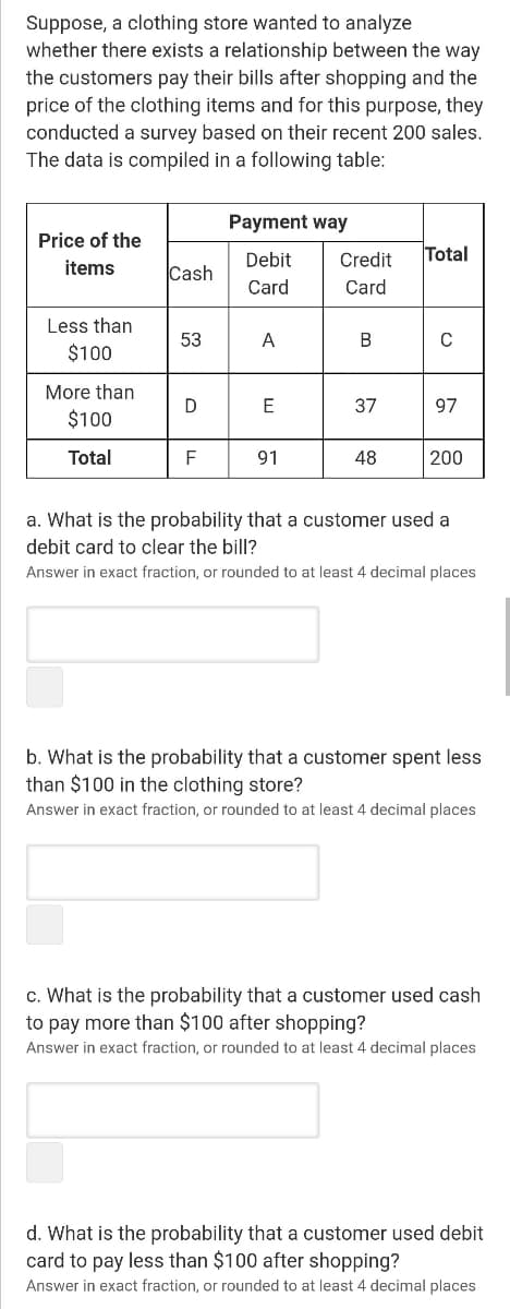 Suppose, a clothing store wanted to analyze
whether there exists a relationship between the way
the customers pay their bills after shopping and the
price of the clothing items and for this purpose, they
conducted a survey based on their recent 200 sales.
The data is compiled in a following table:
Payment way
Price of the
Debit
Credit
Total
items
Cash
Card
Card
Less than
53
A
C
$100
More than
37
97
$100
Total
F
91
48
200
a. What is the probability that a customer used a
debit card to clear the bill?
Answer in exact fraction, or rounded to at least 4 decimal places
b. What is the probability that a customer spent less
than $100 in the clothing store?
Answer in exact fraction, or rounded to at least 4 decimal places
c. What is the probability that a customer used cash
to pay more than $100 after shopping?
Answer in exact fraction, or rounded to at least 4 decimal places
d. What is the probability that a customer used debit
card to pay less than $100 after shopping?
Answer in exact fraction, or rounded to at least 4 decimal places
