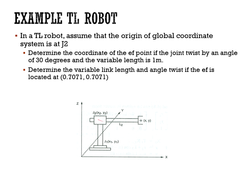 EXAMPLE TL ROBOT
- In a TL robot, assume that the origin of global coordinate
system is at J2
· Determine the coordinate of the ef point if the joint twist by an angle
of 30 degrees and the variable length is Im.
· Determine the variable link length and angle twist if the ef is
located at (0.7071,0.7071)
J2(X2. Y2)
Ean
+ (x, y)
Jq(X1, Y1)

