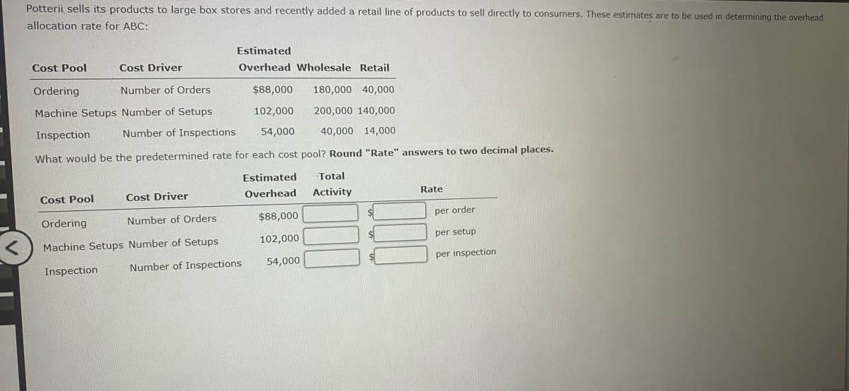 Potterii sells its products to large box stores and recently added a retail line of products to sell directly to consumers. These estimates are to be used in determining the overhead
allocation rate for ABC:
Estimated
Cost Pool
Cost Driver
Overhead Wholesale Retail
Ordering
Number of Orders
$88,000
180,000 40,000
Machine Setups Number of Setups
102,000
200,000 140,000
Inspection
Number of Inspections
54,000
40,000 14,000
What would be the predetermined rate for each cost pool? Round "Rate" answers to two decimal places.
Estimated
Total
Overhead
Activity
Rate
Cost Pool
Cost Driver
per order
Number of Orders
$88,000
Ordering
per setup
102,000
Machine Setups Number of Setups
per inspection
Number of Inspections
54,000
Inspection
