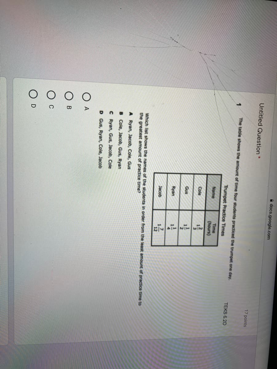 A docs.google.com
Untitled Question *
17 points
The table shows the amount of time four students practiced the trumpet one day.
1
TEKS 6.2D
Trumpet Practice Times
Name
Time
(hours)
Cole
Gus
Ryan
Jacob
Which list shows the names of the students in order from the least amount of practice time to
the greatest amount of practice time?
A Ryan, Jacob, Cole, Gus
B Cole, Jacob, Gus, Ryan
C Ryan, Gus, Jacob, Cole
D Gus, Ryan, Cole, Jacob
A
