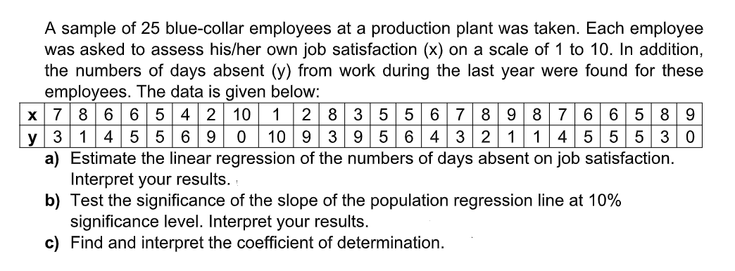 A sample of 25 blue-collar employees at a production plant was taken. Each employee
was asked to assess his/her own job satisfaction (x) on a scale of 1 to 10. In addition,
the numbers of days absent (y) from work during the last year were found for these
employees. The data is given below:
X 786| 65 4 2
2 8 3 5 5 67 8 9 8 76 65 89
10 9
10
1
y 3
1
45 5 6
9.
3 9
6 4 3 2
1 4 5
5 30
a) Estimate the linear regression of the numbers of days absent on job satisfaction.
Interpret your results.
b) Test the significance of the slope of the population regression line at 10%
significance level. Interpret your results.
c) Find and interpret the coefficient of determination.
