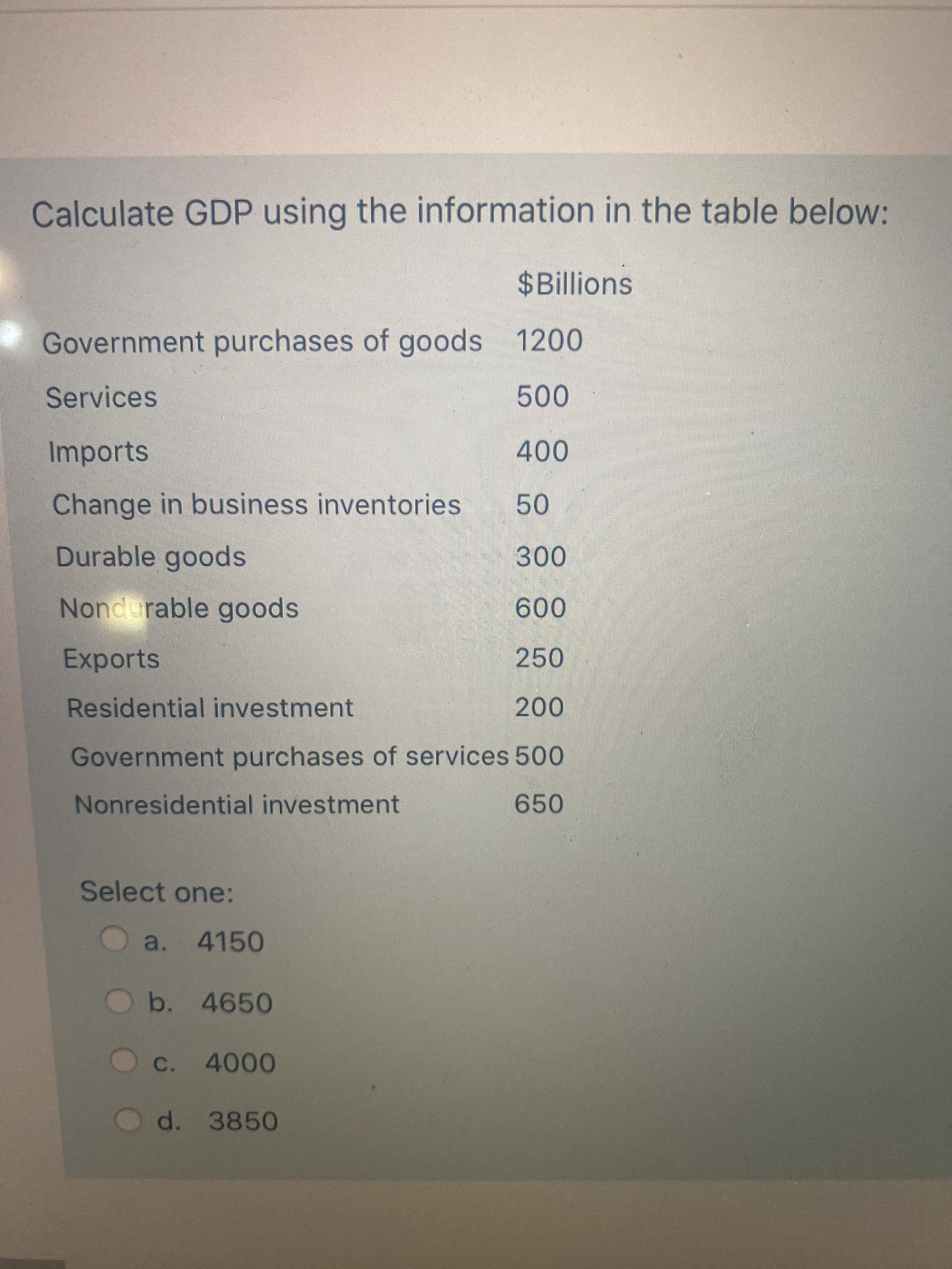 Calculate GDP using the information in the table below:
$ Billions
Government purchases of goods 1200
Services
Imports
Change in business inventories
50
Durable goods
Nondurable goods
009
250
Exports
Residential investment
Government purchases of services 50O
Nonresidential investment
650
Select one:
a. 4150
b. 4650
C. 4000
O d. 3850

