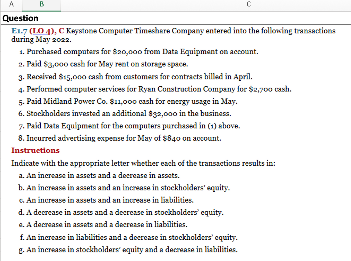 A
В
C
Question
E1.7 (LO 4), C Keystone Computer Timeshare Company entered into the following transactions
during May 2022.
1. Purchased computers for $20,000 from Data Equipment on account.
2. Paid $3,000 cash for May rent on storage space.
3. Received $15,000 cash from customers for contracts billed in April.
4. Performed computer services for Ryan Construction Company for $2,700 cash.
5. Paid Midland Power Co. $11,000 cash for energy usage in May.
6. Stockholders invested an additional $32,000 in the business.
7. Paid Data Equipment for the computers purchased in (1) above.
8. Incurred advertising expense for May of $840 on account.
Instructions
Indicate with the appropriate letter whether each of the transactions results in:
a. An increase in assets and a decrease in assets.
b. An increase in assets and an increase in stockholders' equity.
c. An increase in assets and an increase in liabilities.
d. A decrease in assets and a decrease in stockholders' equity.
e. A decrease in assets and a decrease in liabilities.
f. An increase in liabilities and a decrease in stockholders' equity.
g. An increase in stockholders' equity and a decrease in liabilities.
