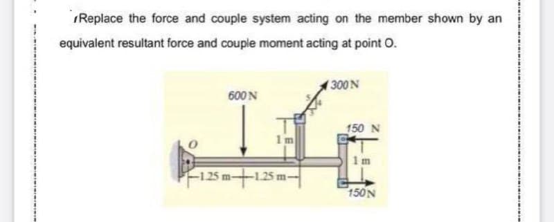 Replace the force and couple system acting on the member shown by an
equivalent resultant force and couple moment acting at point O.
Ife
300N
600N
150 N
1m
1m
-125 m-125 m-
150N
