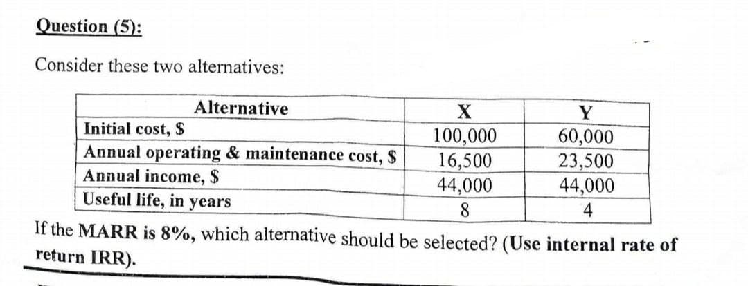 Question (5):
Consider these two alternatives:
Alternative
Y
60,000
23,500
44,000
Initial cost, $
Annual operating & maintenance cost, $
Annual income, $
Useful life, in years
100,000
16,500
44,000
8
If the MARR is 8%, which alternative should be selected? (Use internal rate of
return IRR).
