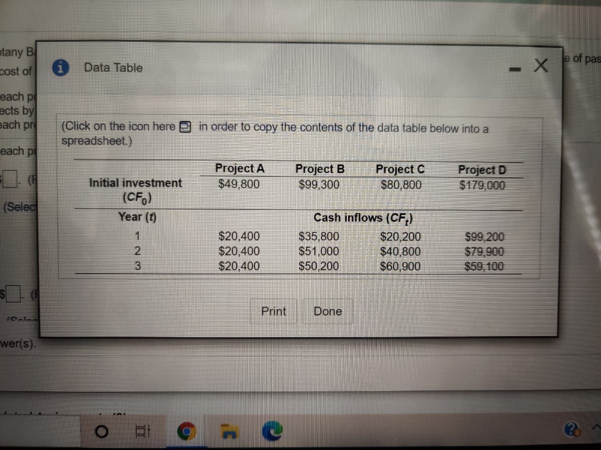 otany Ba
e of pas
cost of
Data Table
each p
ects by
each pr
(Click on the icon here
spreadsheet.)
in order to copy the contents of the data table below into a
each pi
Project A
$49,800
Project B
$99,300
Project C
$80,800
Project D
$179,000
Initial investment
(CF,)
(Selec
Year (t)
Cash inflows (CF,)
$20,400
$20,400
$20,400
$35,800
$51,000
$50,200
$20,200
$40,800
$60,900
$99,200
$79,900
$59, 100
Print
Done
10elor
wer(s).
123
