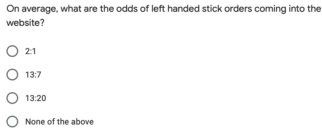 On average, what are the odds of left handed stick orders coming into the
website?
) 2:1
13:7
13:20
None of the above
