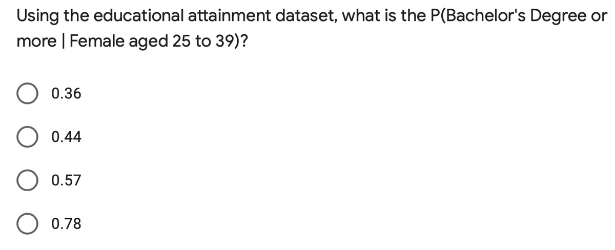 Using the educational attainment dataset, what is the P(Bachelor's Degree or
more | Female aged 25 to 39)?
0.36
0.44
0.57
O 0.78
