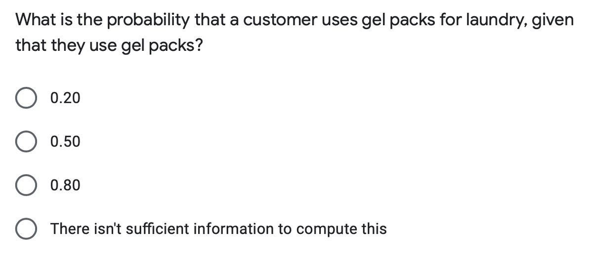 What is the probability that a customer uses gel packs for laundry, given
that they use gel packs?
0.20
0.50
0.80
O There isn't sufficient information to compute this
