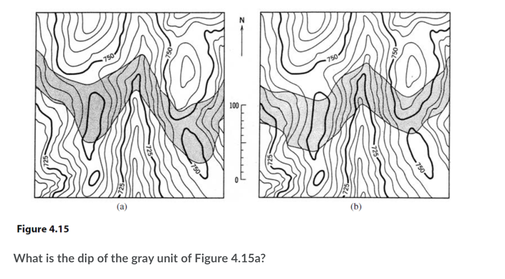 750
100r
(a)
(b)
Figure 4.15
What is the dip of the gray unit of Figure 4.15a?
750
