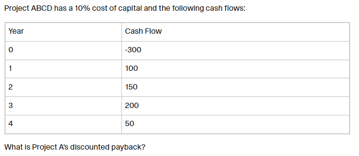 Project ABCD has a 10% cost of capital and the following cash flows:
Year
Cash Flow
-300
1
100
150
200
4
50
What is Project A's discounted payback?
2.
