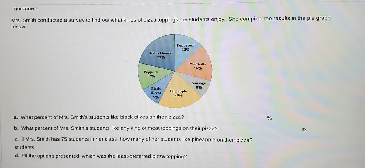 QUESTION 3
Mrs. Smith conducted a survey to find out what kinds of pizza toppings her students enjoy. She compiled the results in the pie graph
below.
Pepperoni
13%
Extra Cheese
22%
Meatballs
16%
Peppers
12%
Sausage
8%
Black
Pineapple
20%
Olives
9%
a. What percent of Mrs. Smith's students like black olives on their pizza?
%
b. What percent of Mrs. Smith's students like any kind of meat toppings on their pizza?
%
c. If Mrs. Smith has 75 students in her class, how many of her students like pineapple on their pizza?
students
d. Of the options presented, which was the least-preferred pizza topping?
