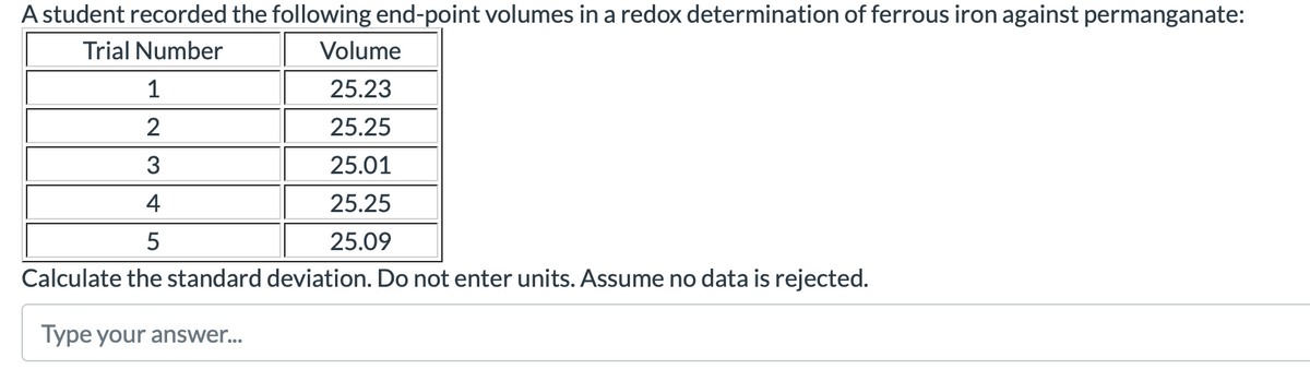 A student recorded the following end-point volumes in a redox determination of ferrous iron against permanganate:
Trial Number
Volume
1
25.23
2
25.25
25.01
4
25.25
25.09
Calculate the standard deviation. Do not enter units. Assume no data is rejected.
Type your answer...
