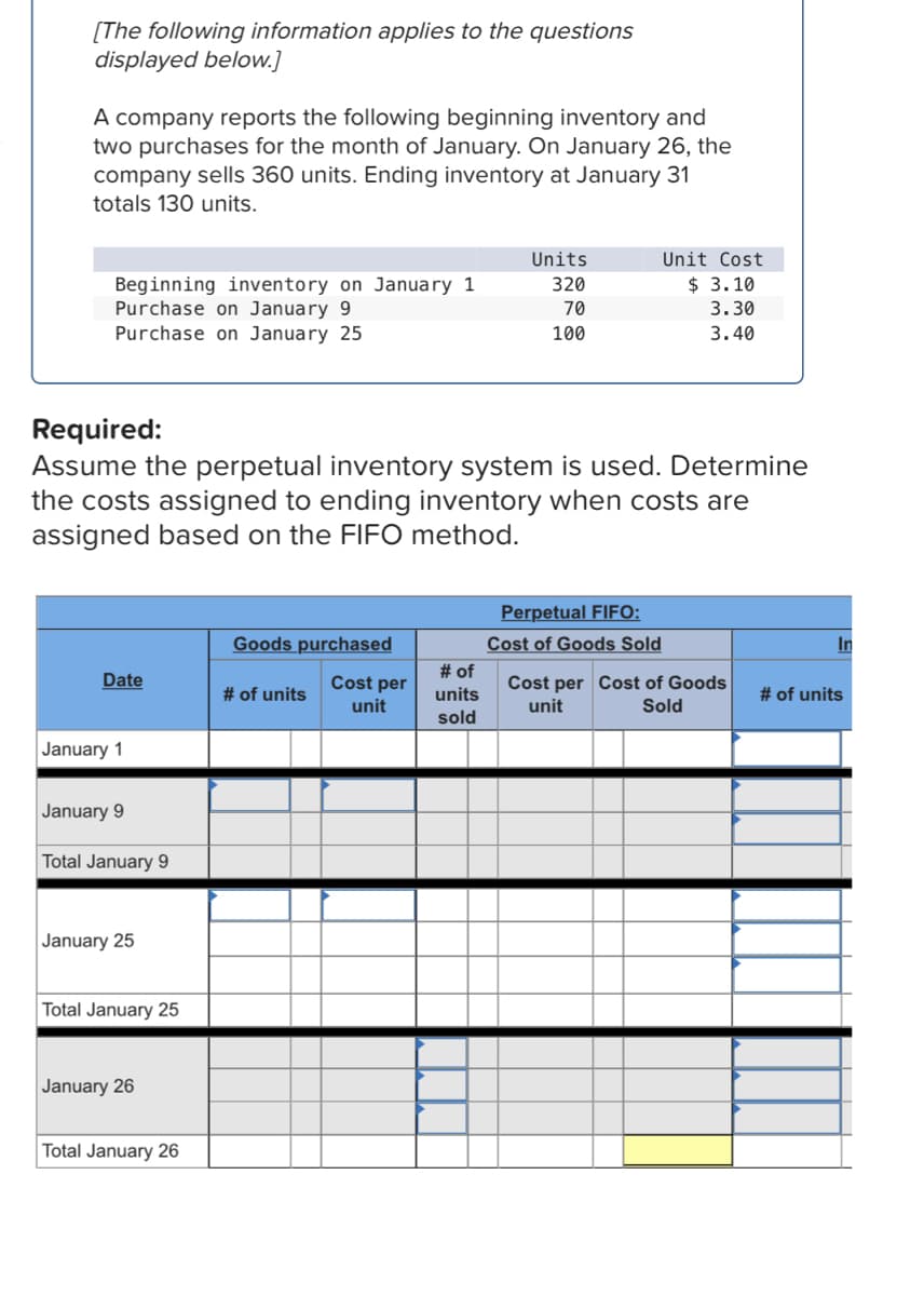 [The following information applies to the questions
displayed below.]
A company reports the following beginning inventory and
two purchases for the month of January. On January 26, the
company sells 360 units. Ending inventory at January 31
totals 130 units.
Units
Unit Cost
$ 3.10
Beginning inventory on January 1
Purchase on January 9
Purchase on January 25
320
70
3.30
100
3.40
Required:
Assume the perpetual inventory system is used. Determine
the costs assigned to ending inventory when costs are
assigned based on the FIFO method.
Perpetual FIFO:
Goods purchased
Cost of Goods Sold
# of
In
Date
Cost per
Cost per Cost of Goods
Sold
# of units
units
# of units
unit
unit
sold
January 1
January 9
Total January 9
January 25
Total January 25
January 26
Total January 26
