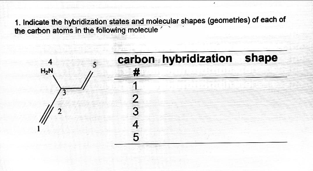 1. Indicate the hybridization states and molecular shapes (geometries) of each of
the carbon atoms in the following molecule
carbon hybridization shape
#3
4
H2N
1
12345
