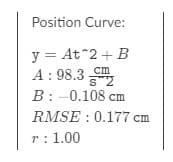 Position Curve:
y = At*2+ B
A : 98.3
B: -0.108 cm
RMSE : 0.177 cm
cm
r: 1.00
