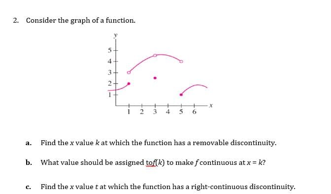 2. Consider the graph of a function.
4
3-
4
5
6.
Find the x value k at which the function has a removable discontinuity.
а.
b. What value should be assigned toflk) to make f continuous at x = k?
Find the x valuet at which the function has a right-continuous discontinuity.
с.
