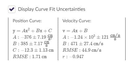 Display Curve Fit Uncertainties
Position Curve:
Velocity Curve:
y = Ax? + Bx + C
A: -376 + 7.19 m
B: 385 + 7.17
C: -12.3 +1.13 cm
RMSE : 1.71 cm
v = Ax + B
A: -1.24 x 10 + 121 cm/s
B: 471 + 27.4 cm/s
RMSE : 44.9 cm/s
S
r:-0.947
