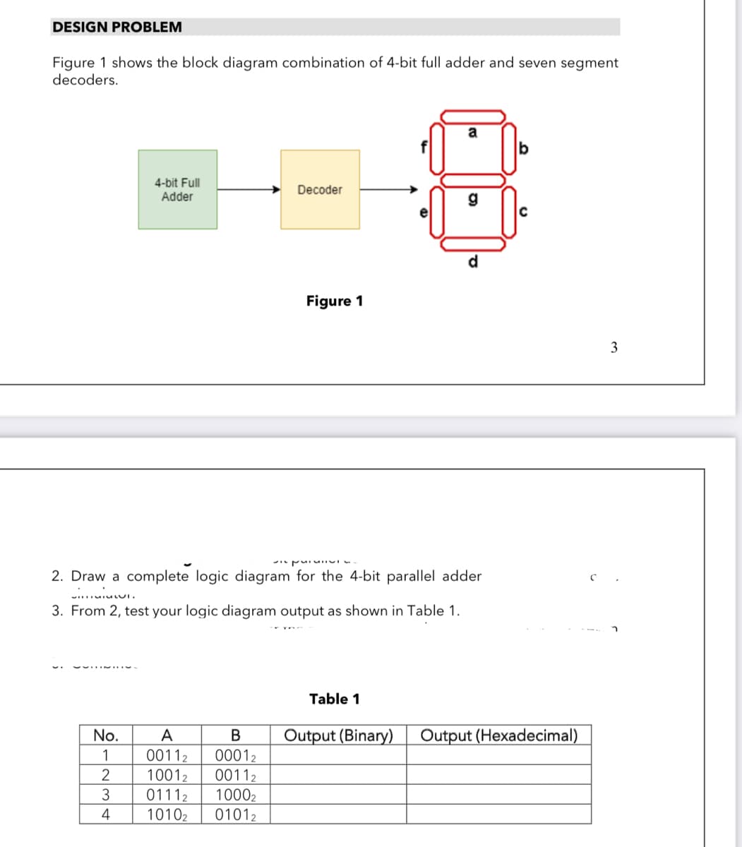DESIGN PROBLEM
Figure 1 shows the block diagram combination of 4-bit full adder and seven segment
decoders.
a
b
4-bit Full
Decoder
Adder
g
d
Figure 1
3
2. Draw a complete logic diagram for the 4-bit parallel adder
3. From 2, test your logic diagram output as shown in Table 1.
Table 1
No.
A
В
Output (Binary)
Output (Hexadecimal)
00112
10012
00012
00112
10002
01012
1
3
01112
10102
4
