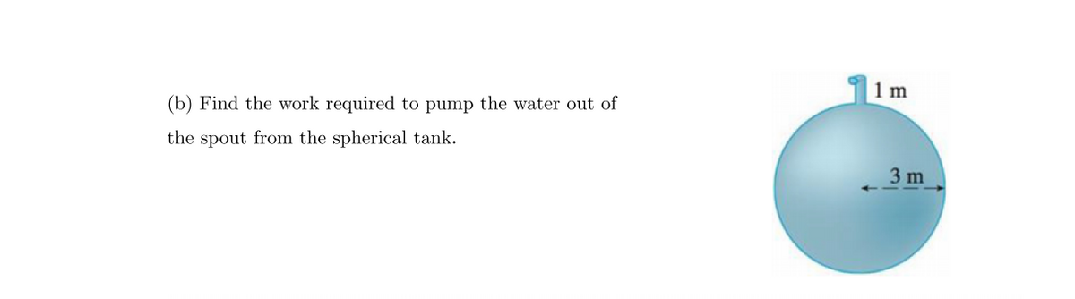 1 m
(b) Find the work required to pump the water out of
the spout from the spherical tank.
3 m
