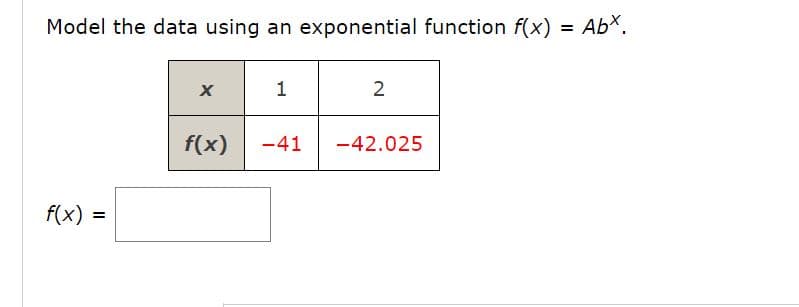 Model the data using an exponential function f(x) = AbX.
1
2
f(x)
-41
-42.025
f(x)
