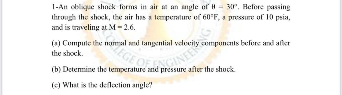 =
1-An oblique shock forms in air at an angle of 0 30°. Before passing
through the shock, the air has a temperature of 60°F, a pressure of 10 psia,
and is traveling at M = 2.6.
elocity components before and after
(a) Compute the normal and tangential
the shock.
HEGE Of and
(b) Determine the temperature and pressure after the shock.
(c) What is the deflection angle?