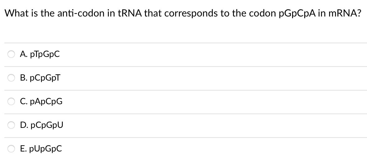 What is the anti-codon in tRNA that corresponds to the codon pGpCpA in MRNA?
А. рТрGpC
В. рСpGpT
С. РАpСрG
D. pCpGpU
O E. pUpGpC
