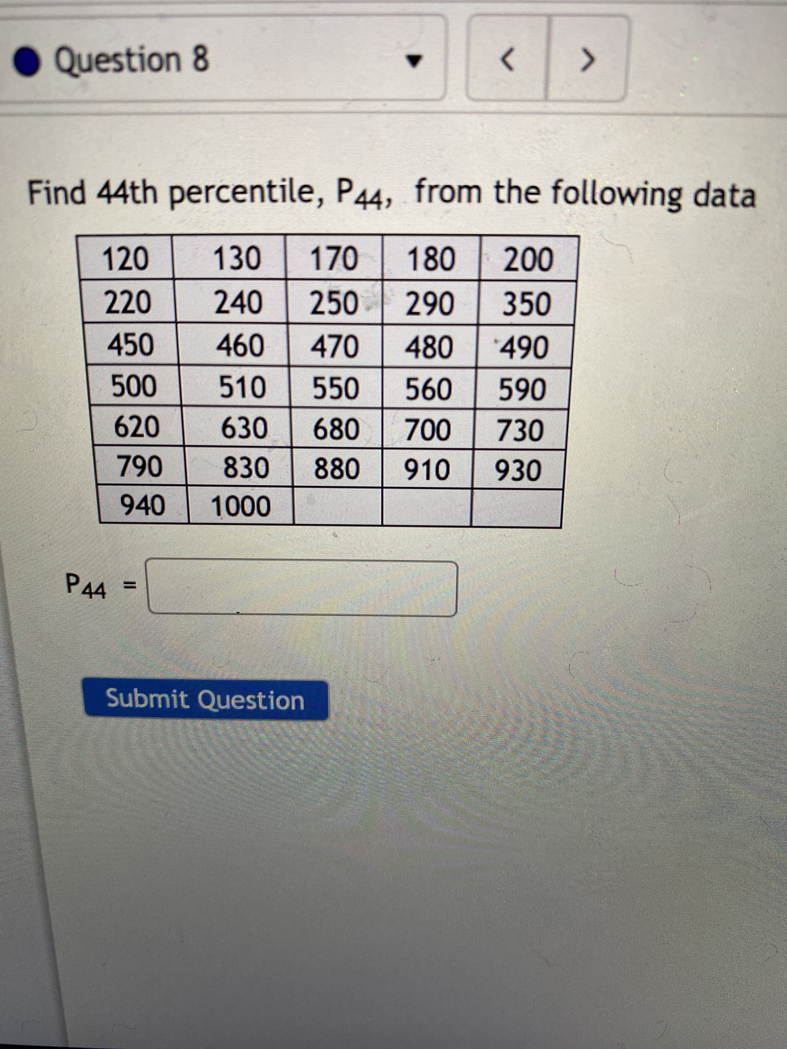 Find 44th percentile, P44, from the following data
