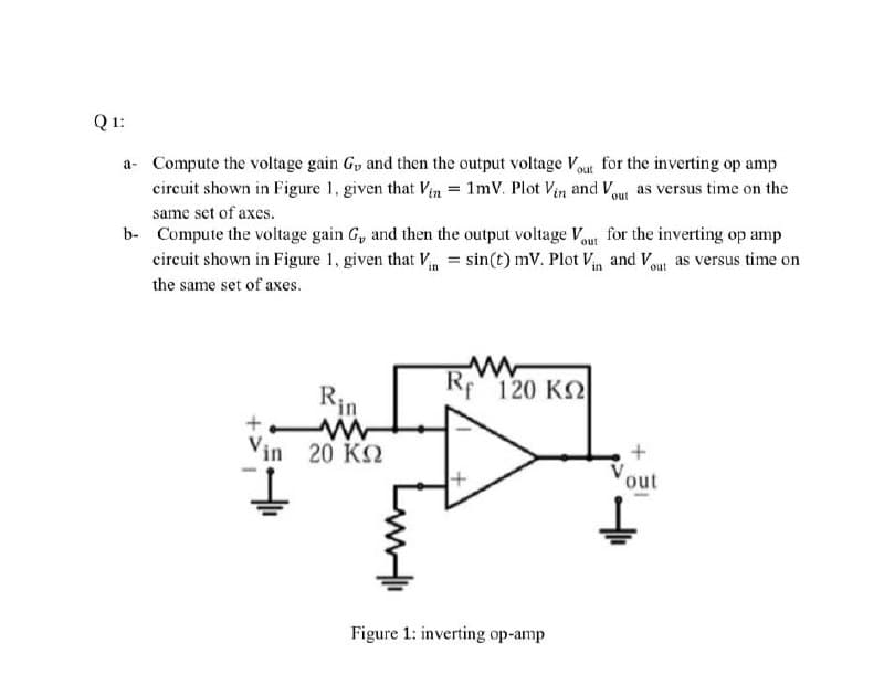 Q 1:
a- Compute the voltage gain Gy and then the output voltage Vout for the inverting op amp
circuit shown in Figure 1, given that Vin = 1mV. Plot Vin and Vout as versus time on the
same set of axes.
b- Compute the voltage gain G, and then the output voltage Vout for the inverting op amp
circuit shown in Figure 1, given that Vin = sin(t) mV. Plot Vn and Vt as versus time on
out
the same set of axes.
Rin
Rf 120 K2
in 20 KQ
out
Figure 1: inverting op-amp
