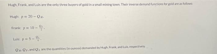 Hugh, Frank, and Luis are the only three buyers of gold in a small mining town. Their inverse demand functions for gold are as follows:
Hugh: p= 20 – Qu.
Frank: p = 10 -
Luis: p=5- 0
QH.QF, and QL are the quantities (in ounces) demanded by Hugh, Frank, and Luis, respectively.

