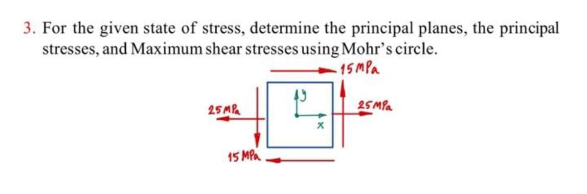3. For the given state of stress, determine the principal planes, the principal
stresses, and Maximum shear stresses using Mohr's circle.
15 MPa
49
25 MPa
25 MPa
15 MPa
